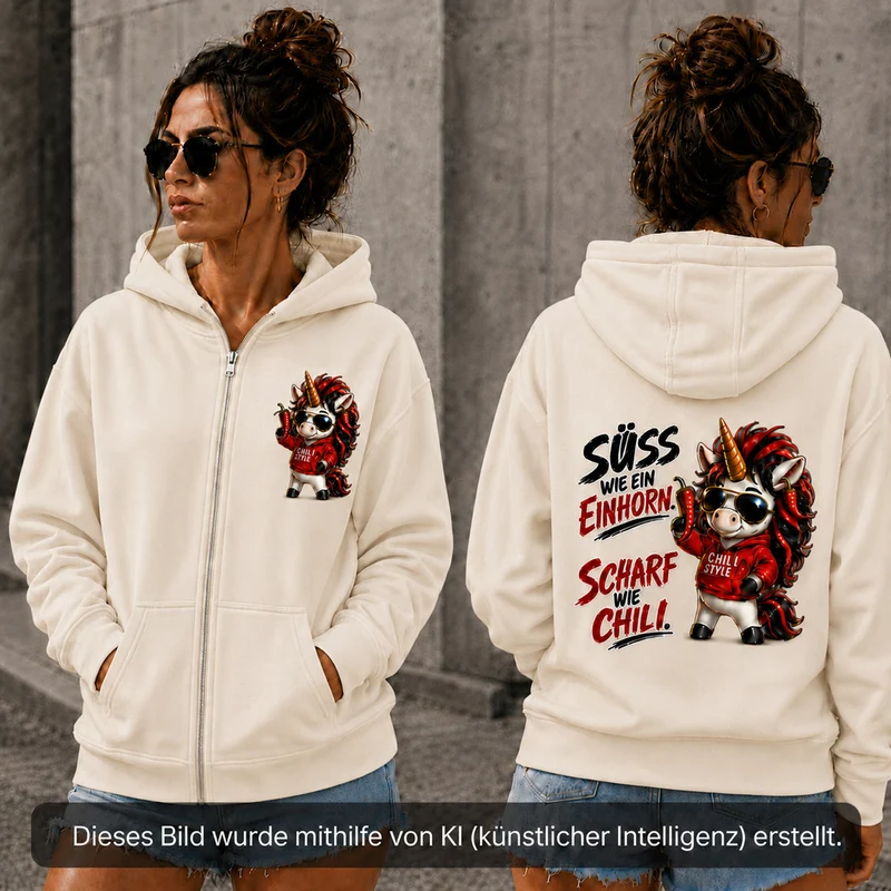 Sweet Chili Zip-Hoodie „Süß wie ein Einhorn“ – Front- und Backprint | Unisex