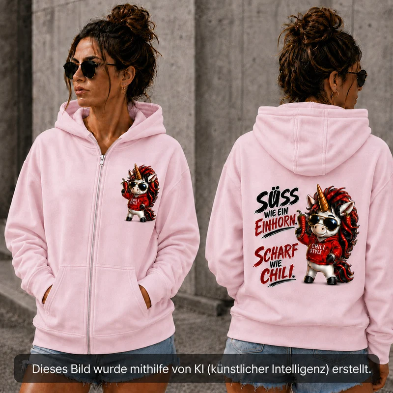 Sweet Chili Zip-Hoodie „Süß wie ein Einhorn“ – Front- und Backprint | Unisex