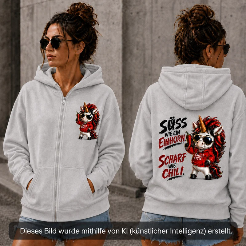 Sweet Chili Zip-Hoodie „Süß wie ein Einhorn“ – Front- und Backprint | Unisex