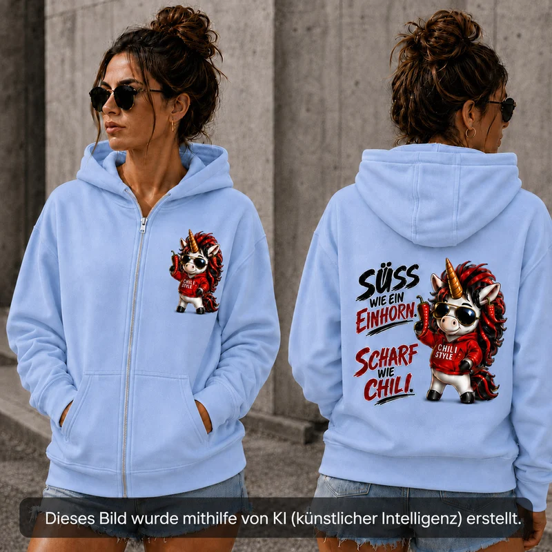 Sweet Chili Zip-Hoodie „Süß wie ein Einhorn“ – Front- und Backprint | Unisex