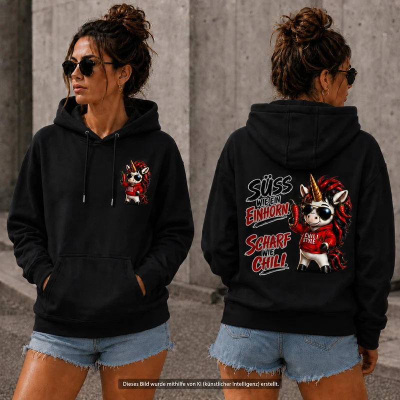 Sweet Chili Hoodie „Süß wie ein Einhorn“ – Front- und Backprint | Unisex