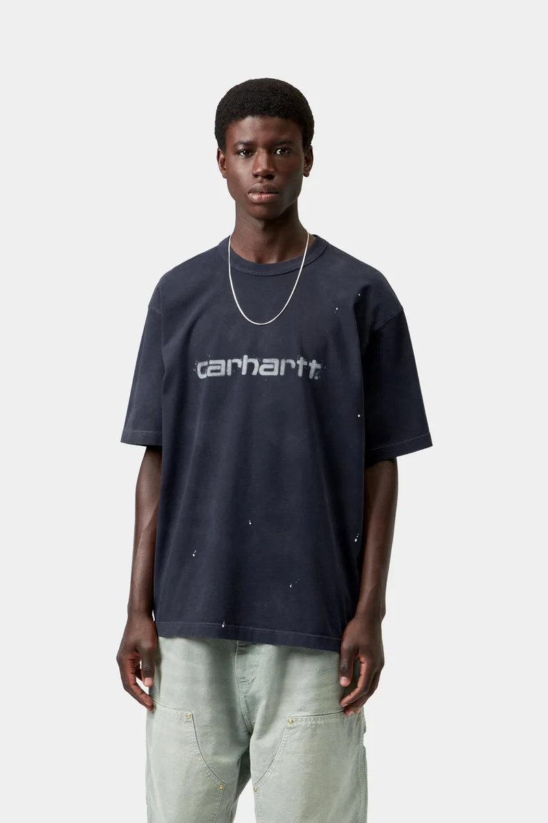 Carhartt WIP Herren-Maler-T-Shirt | Dunkelblaues Destroy-Wasch-Spritzer-Muster