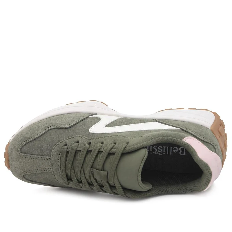 Bellissimo Leather Lace Up Sporty Trainers - BELDINGX44003 / 330 348 - Khaki