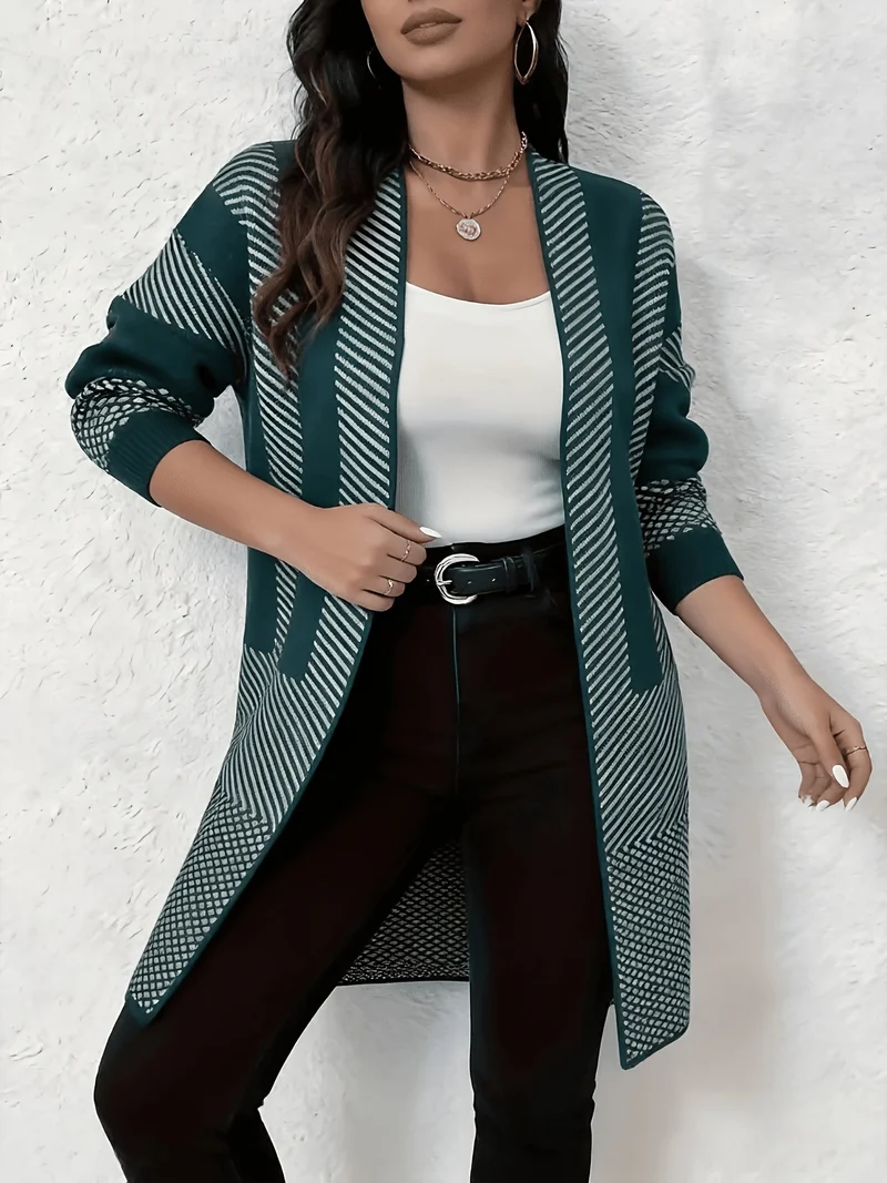 Zhamilya - Langer Geometrisch Gestrickter Strickjacke Mit Offener Vorderseite