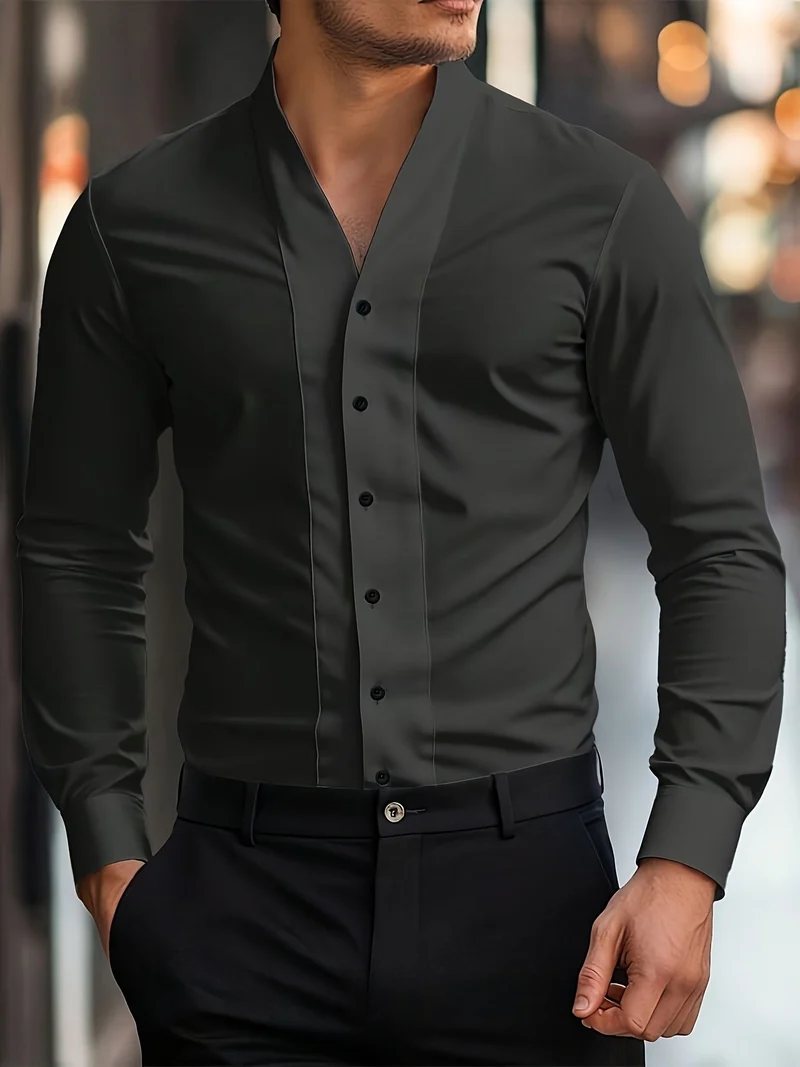 Almasbek - Langärmliges Hemd Mit V-Ausschnitt in Slim Fit Passform