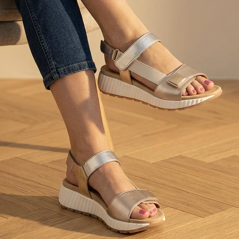 Gabor Leather Touch Fasten Platform Sandals - GABC43521 / 330 460 - Metallic