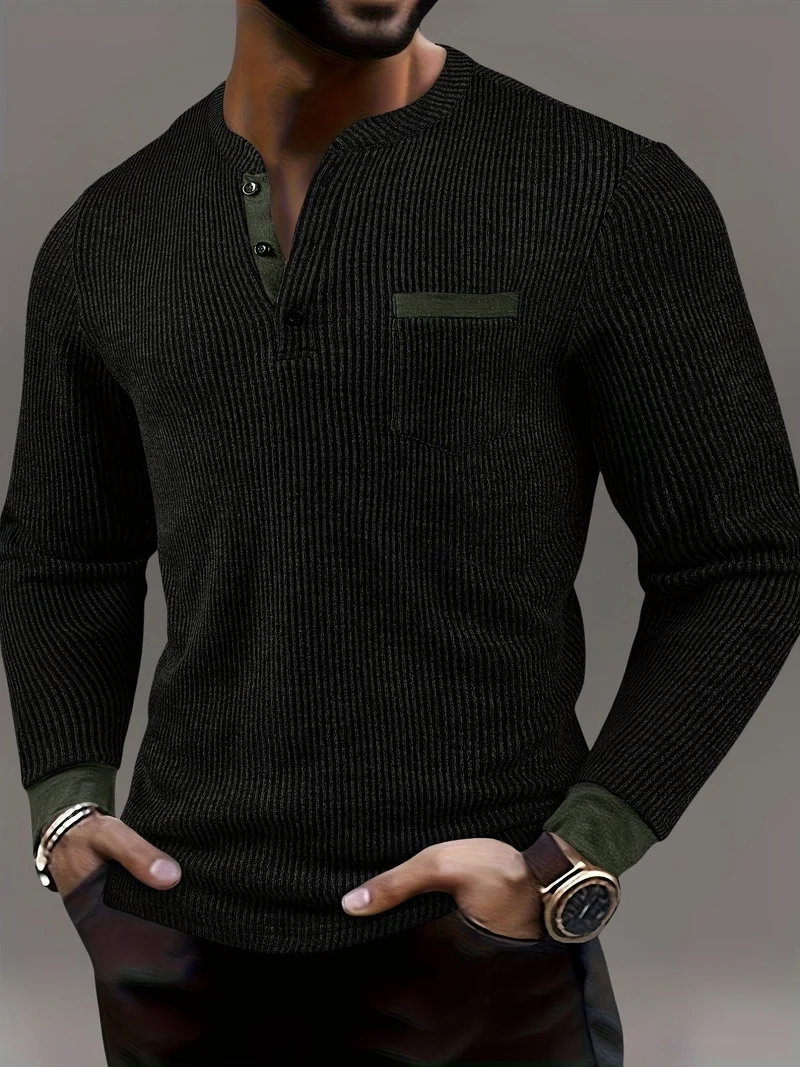 Deegan - Langärmliges Henley Hemd Mit Strukturiertem Gestreiftem Kragen