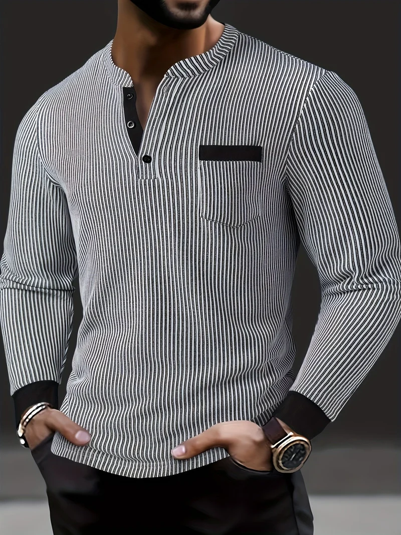 Deegan - Langärmliges Henley Hemd Mit Strukturiertem Gestreiftem Kragen