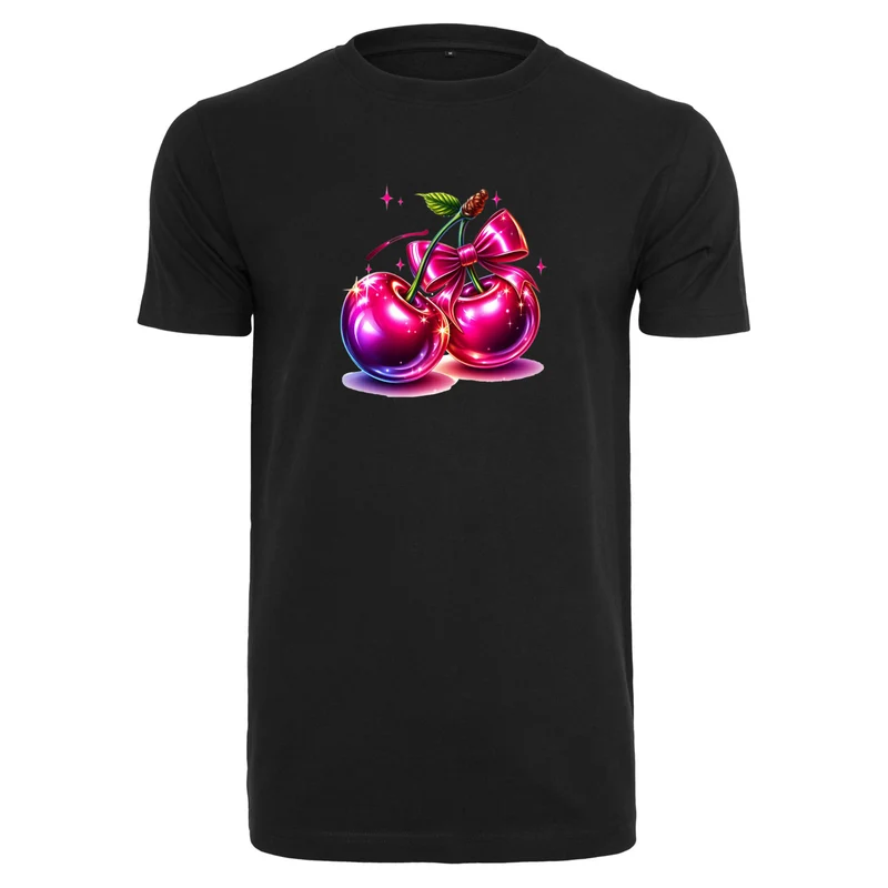 Pink Cherry T-Shirt – Damen Shirt mit glänzendem Kirschen-Print