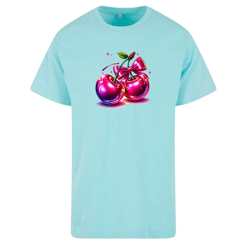 Pink Cherry T-Shirt – Damen Shirt mit glänzendem Kirschen-Print