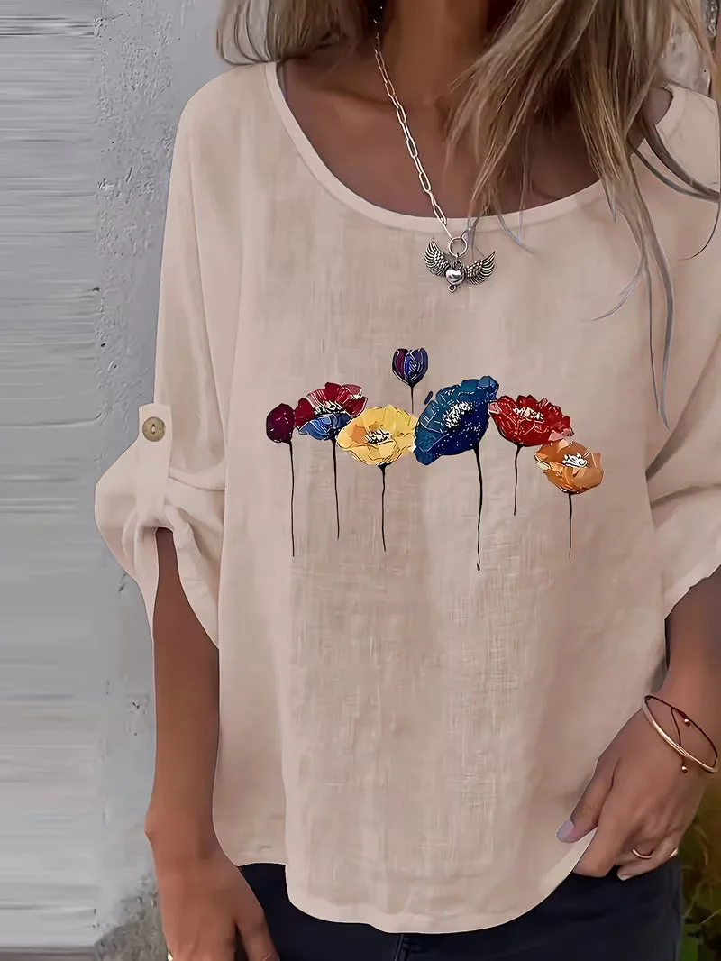 Sheril – Lockeres Oberteil mit Rollkragen und Ärmeln im Blumenmuster