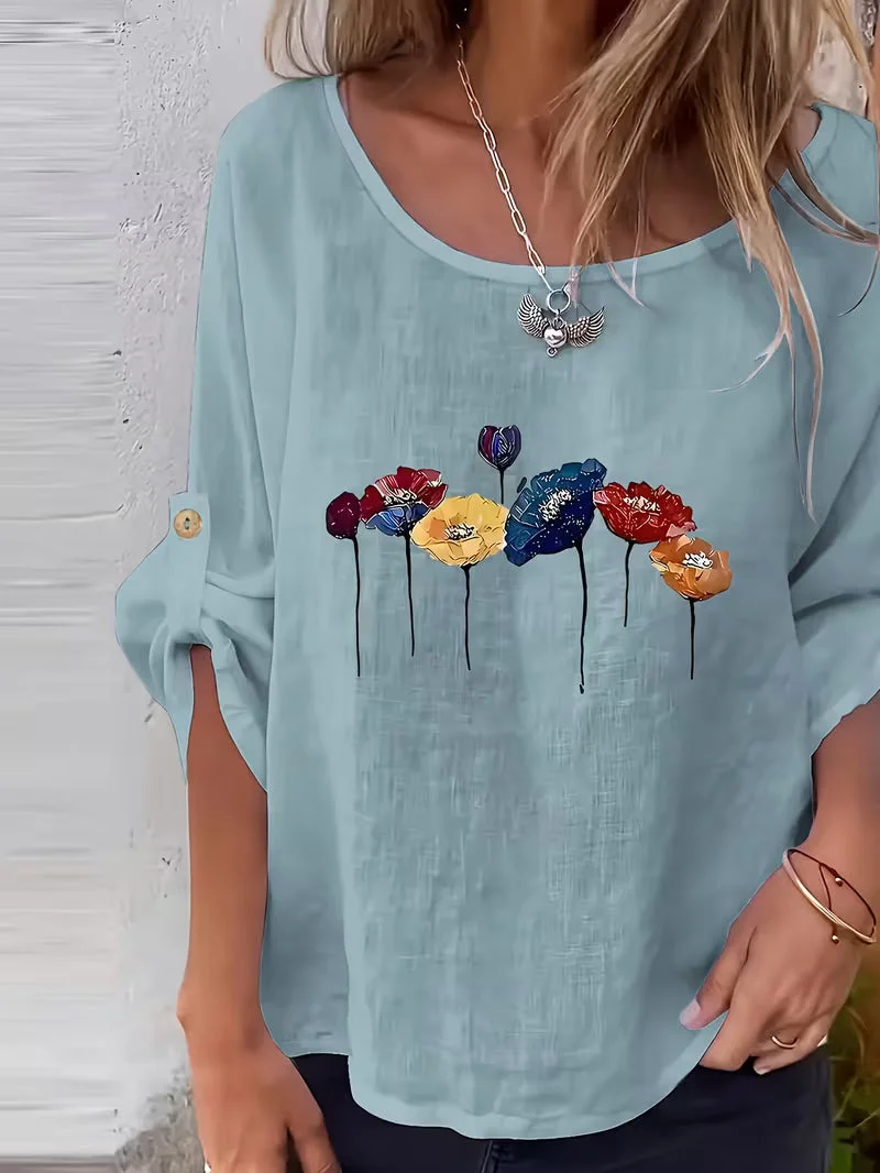 Sheril – Lockeres Oberteil mit Rollkragen und Ärmeln im Blumenmuster