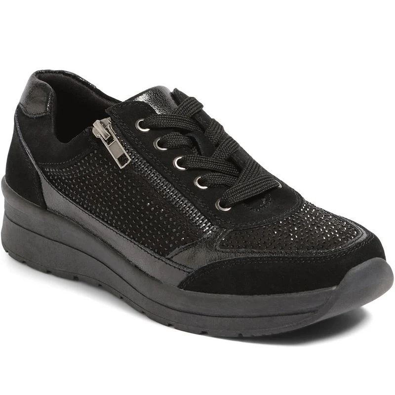 Wide Fit Lace-Up Leather Trainers - BRK35087 / 322 550