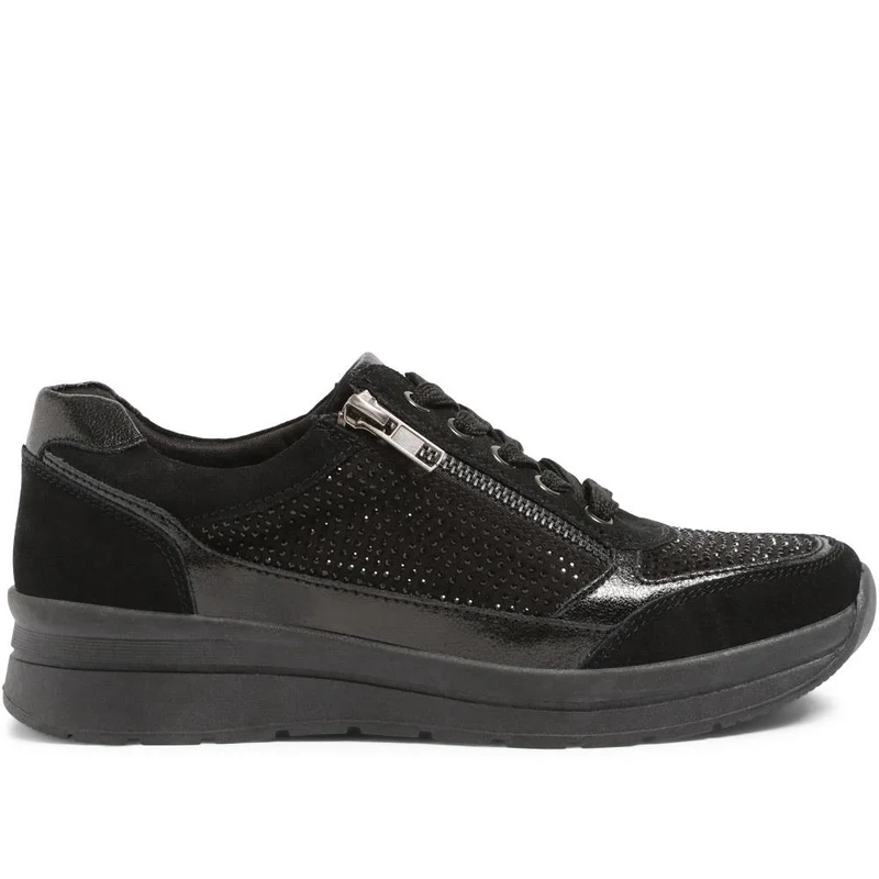 Wide Fit Lace-Up Leather Trainers - BRK35087 / 322 550 - Black