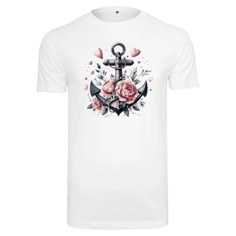 Anker Schwarz T-Shirt – Damen Shirt mit floralem Anker-Motiv