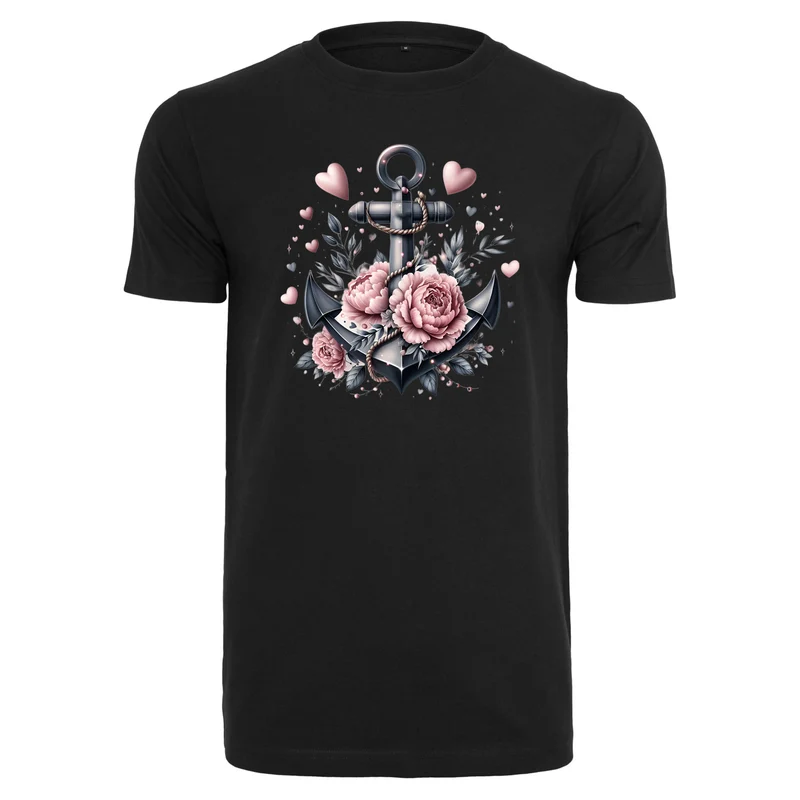 Anker Schwarz T-Shirt – Damen Shirt mit floralem Anker-Motiv