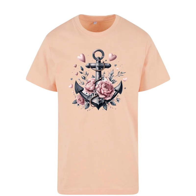Anker Schwarz T-Shirt – Damen Shirt mit floralem Anker-Motiv