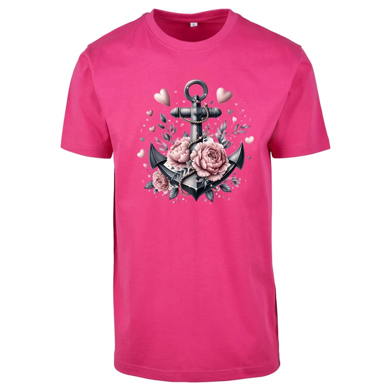 Anker Schwarz T-Shirt – Damen Shirt mit floralem Anker-Motiv