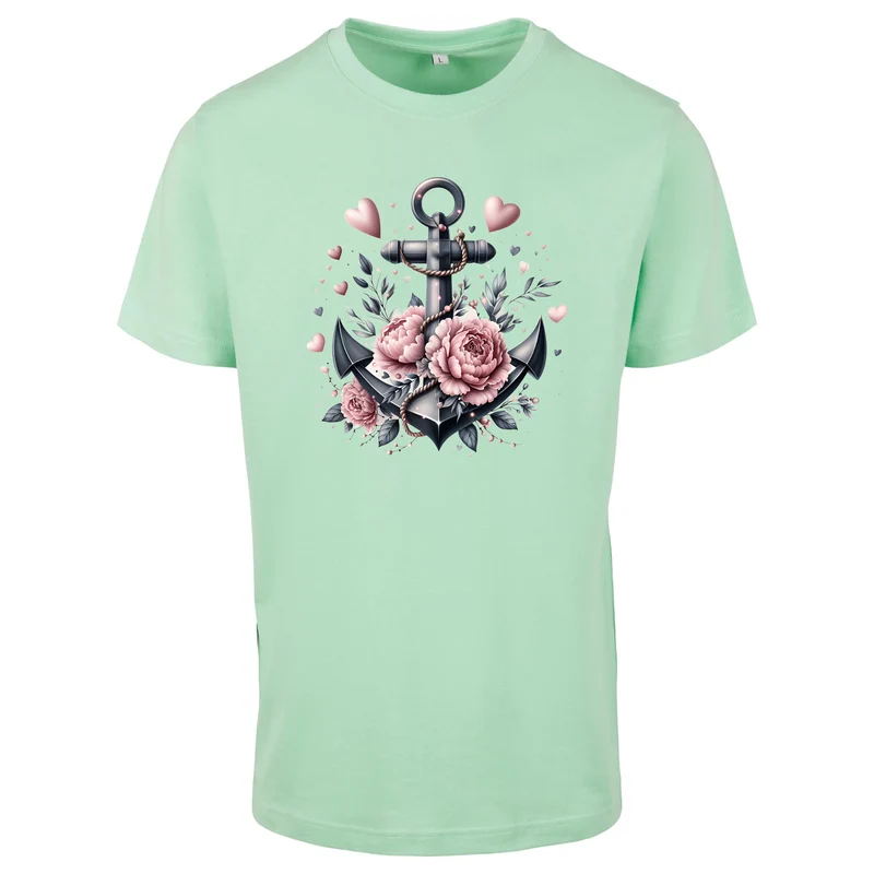 Anker Schwarz T-Shirt – Damen Shirt mit floralem Anker-Motiv