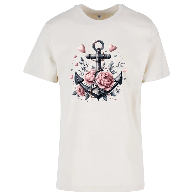 Anker Schwarz T-Shirt – Damen Shirt mit floralem Anker-Motiv
