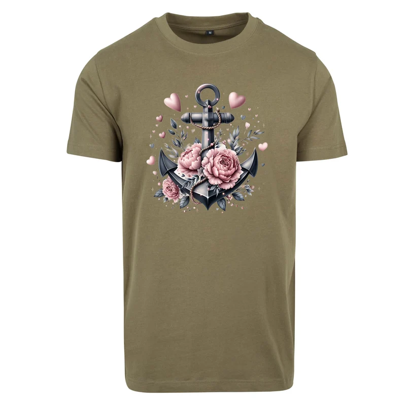 Anker Schwarz T-Shirt – Damen Shirt mit floralem Anker-Motiv