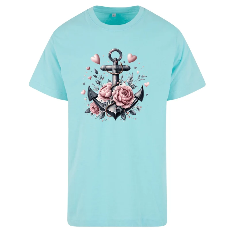 Anker Schwarz T-Shirt – Damen Shirt mit floralem Anker-Motiv