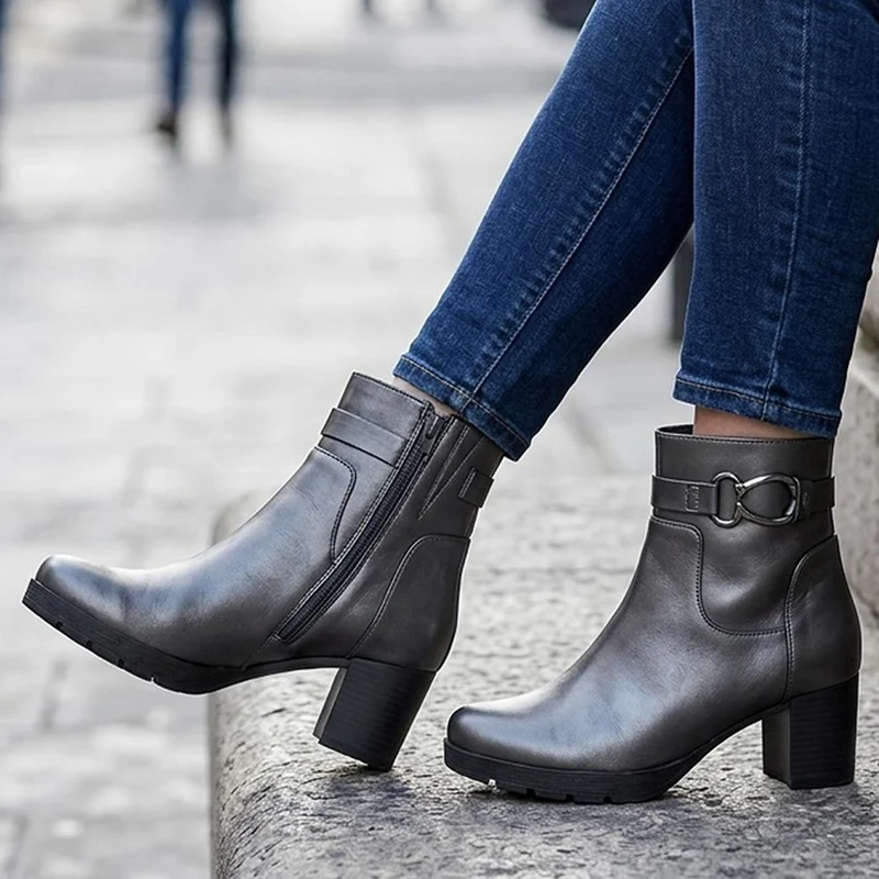 Gabor Wide Fit Leather Block Heel Ankle Boots - GABC44063 / 330 672 - Dark Grey