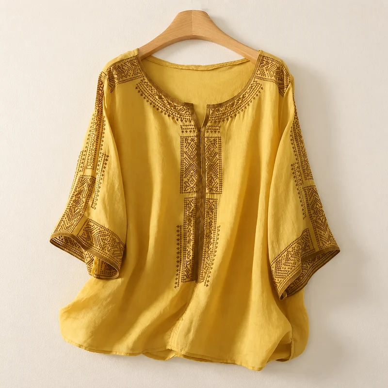 Zaanfi - Bestickte Leinen Bluse