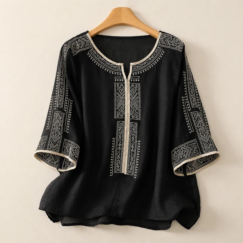 Zaanfi - Bestickte Leinen Bluse