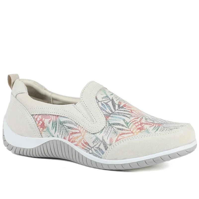 Wide Fit Leather Slip On Comfort Trainers - BRK43025 / 328 915 - BEIGE FLORAL