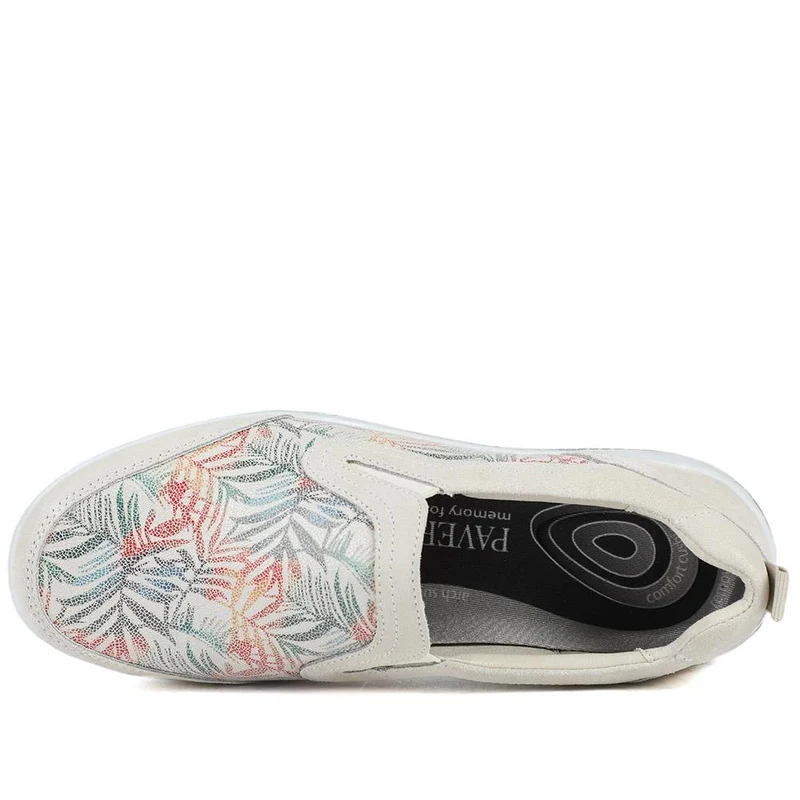 Wide Fit Leather Slip On Comfort Trainers - BRK43025 / 328 915 - BEIGE FLORAL
