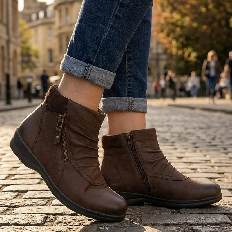 EasyFit Extra Wide Leather Zip Up Ankle Boots - TES / 330 213 - Chocolate