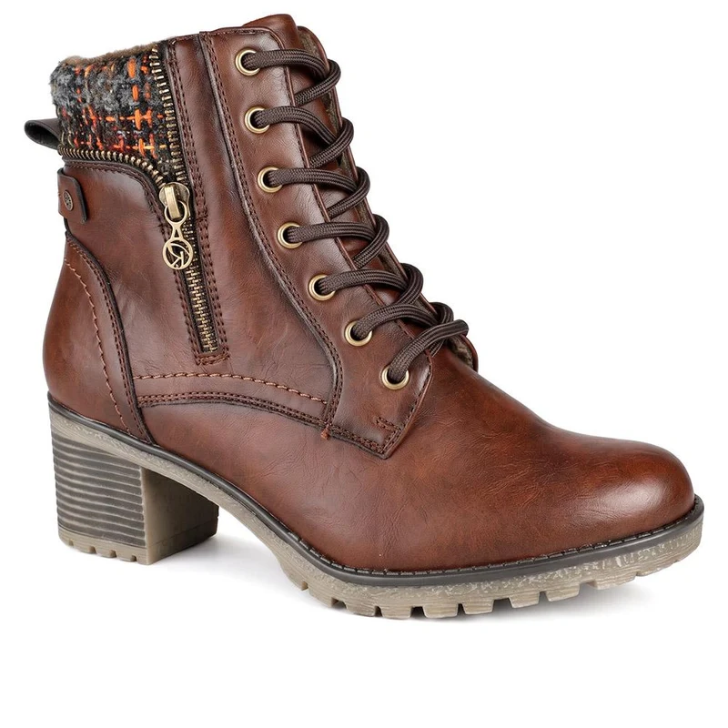 Relife Block Heeled Knitted Cuff Ankle Boots - RELIF44030 / 329 820 - Cognac