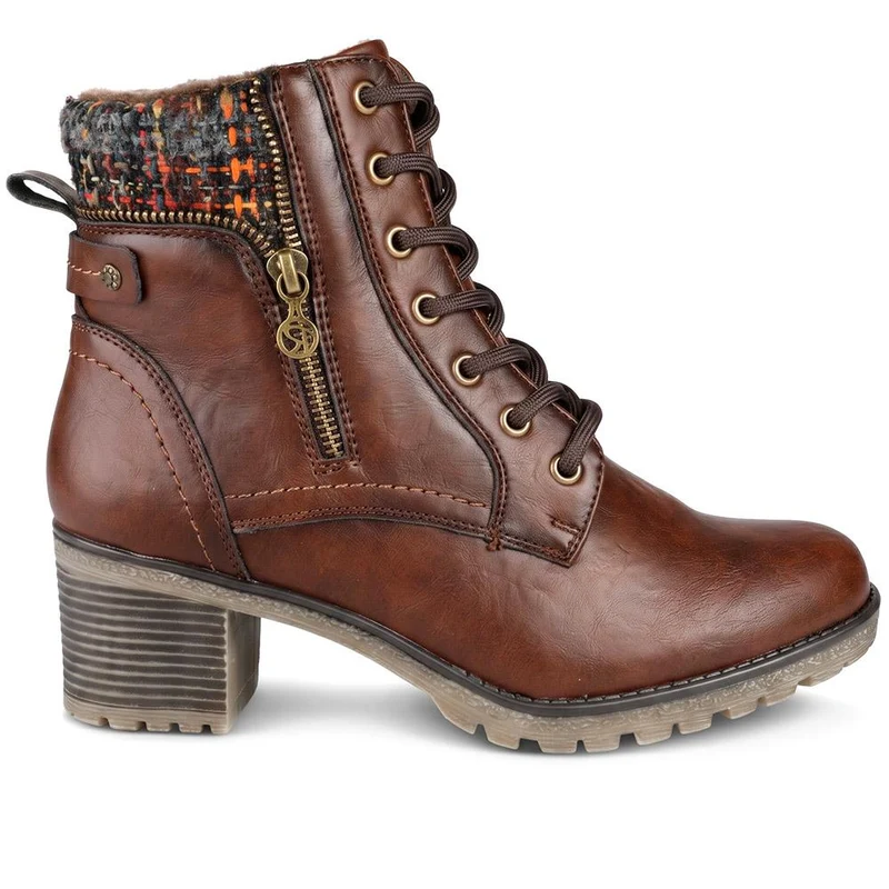 Relife Block Heeled Knitted Cuff Ankle Boots - RELIF44030 / 329 820 - Cognac