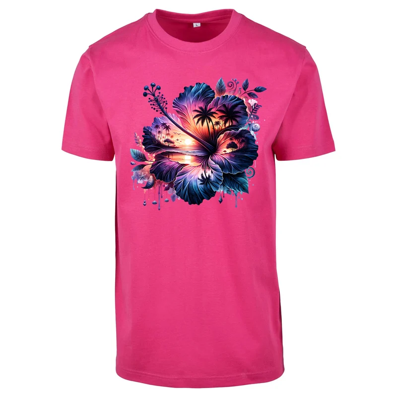 Summerflower T-Shirt – Damen Shirt mit tropischem Hibiskus-Sunset-Print