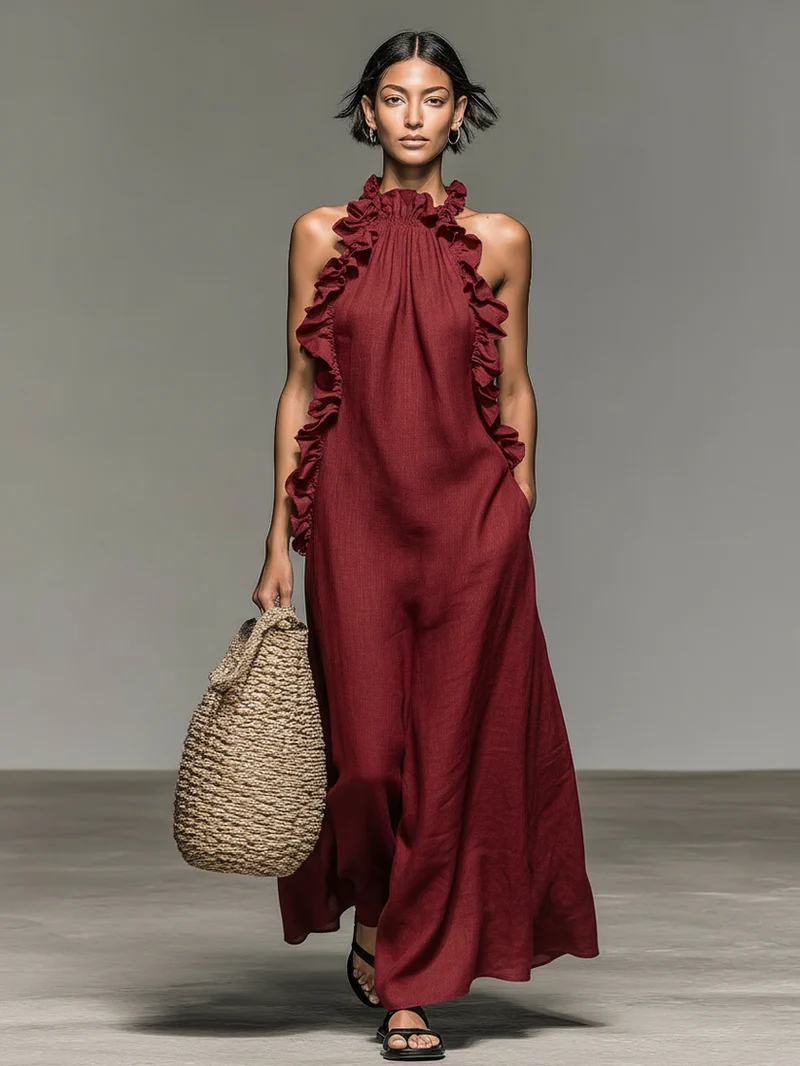 Fiora – Ärmelloses, langes Kleid mit Rüschen, Neckholder-Ausschnitt und Taschen