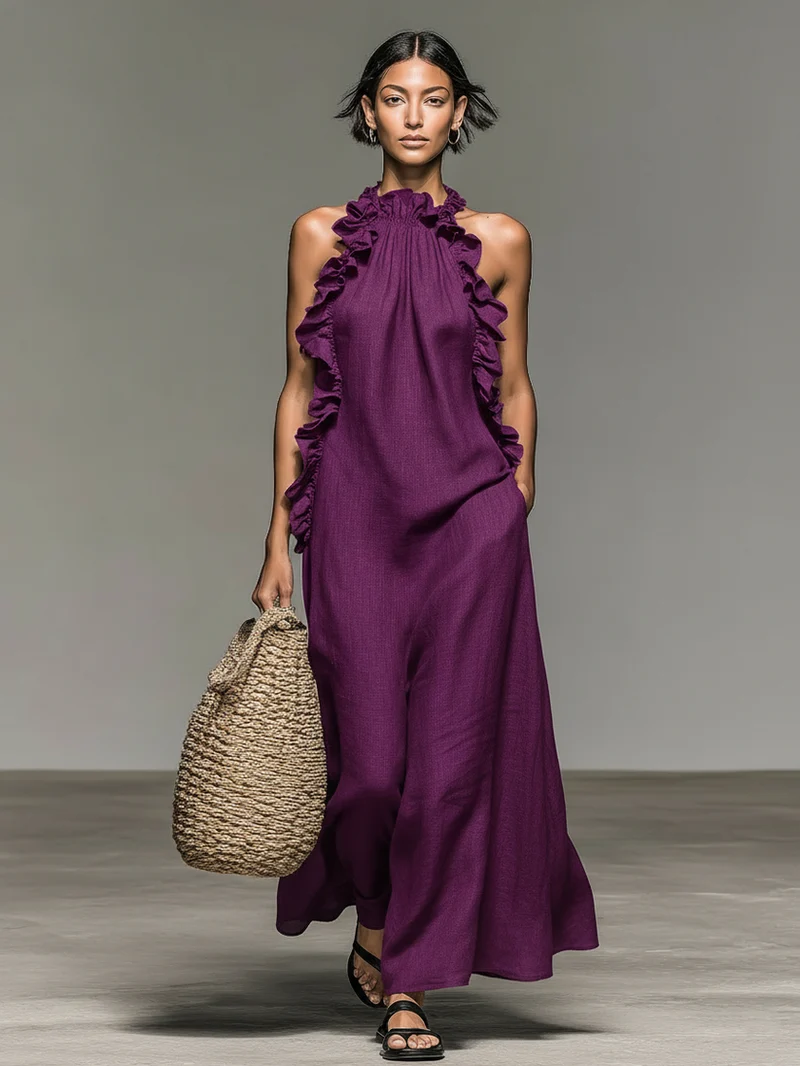 Fiora – Ärmelloses, langes Kleid mit Rüschen, Neckholder-Ausschnitt und Taschen