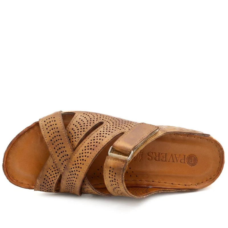 Leather Cut-Out Adjustable Strap Sandals - KARY43004 / 329 118 - Tan