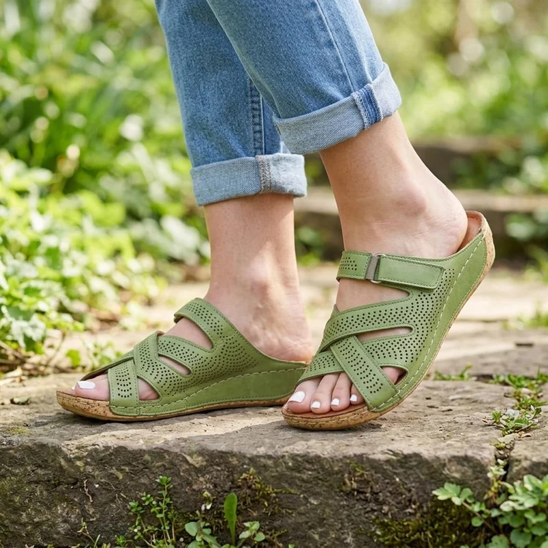Leather Cut-Out Adjustable Strap Sandals - KARY43004 / 329 118 - Green