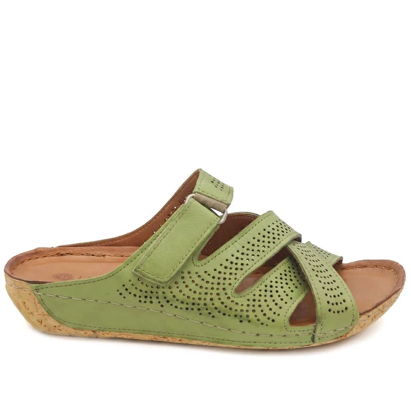 Leather Cut-Out Adjustable Strap Sandals - KARY43004 / 329 118 - Green