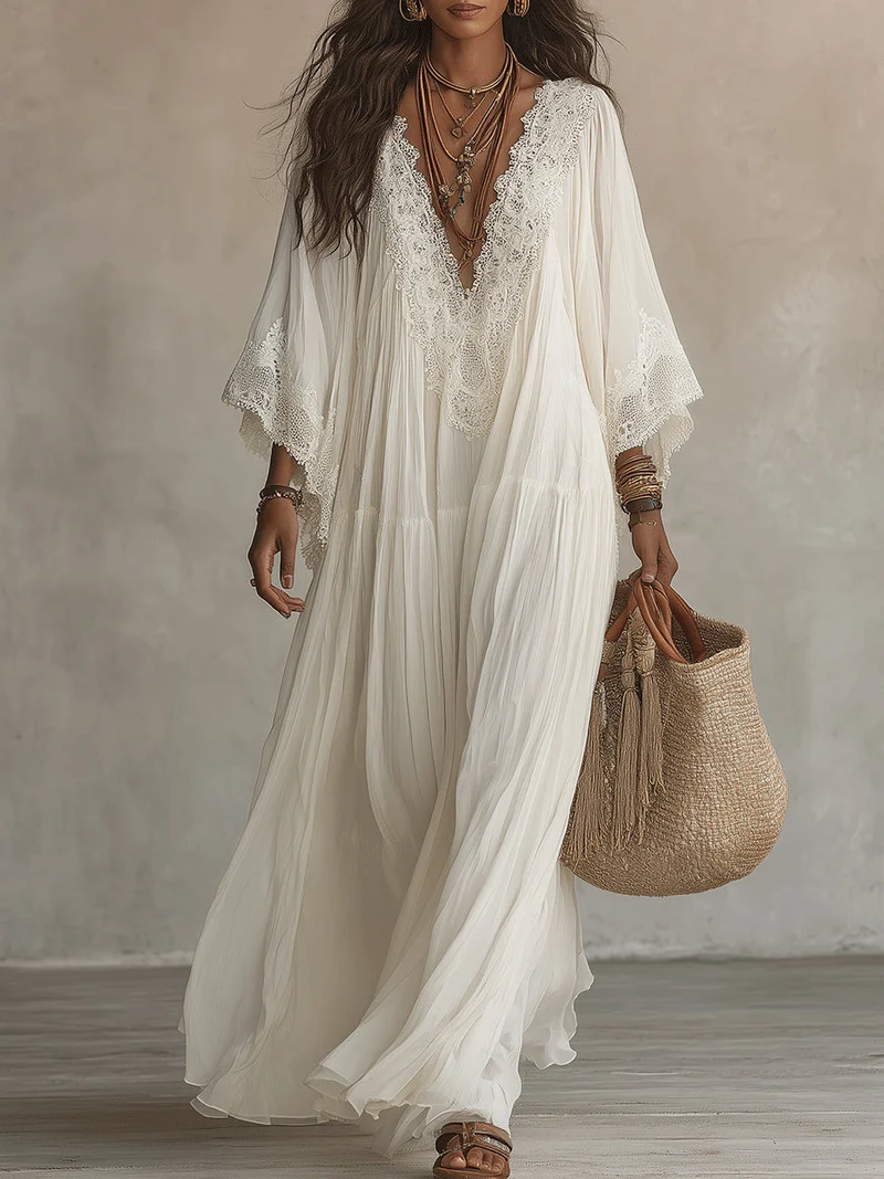 Ainura - Langes Kleid Aus Elfenbeinfarbenem Chiffon Und Spitze