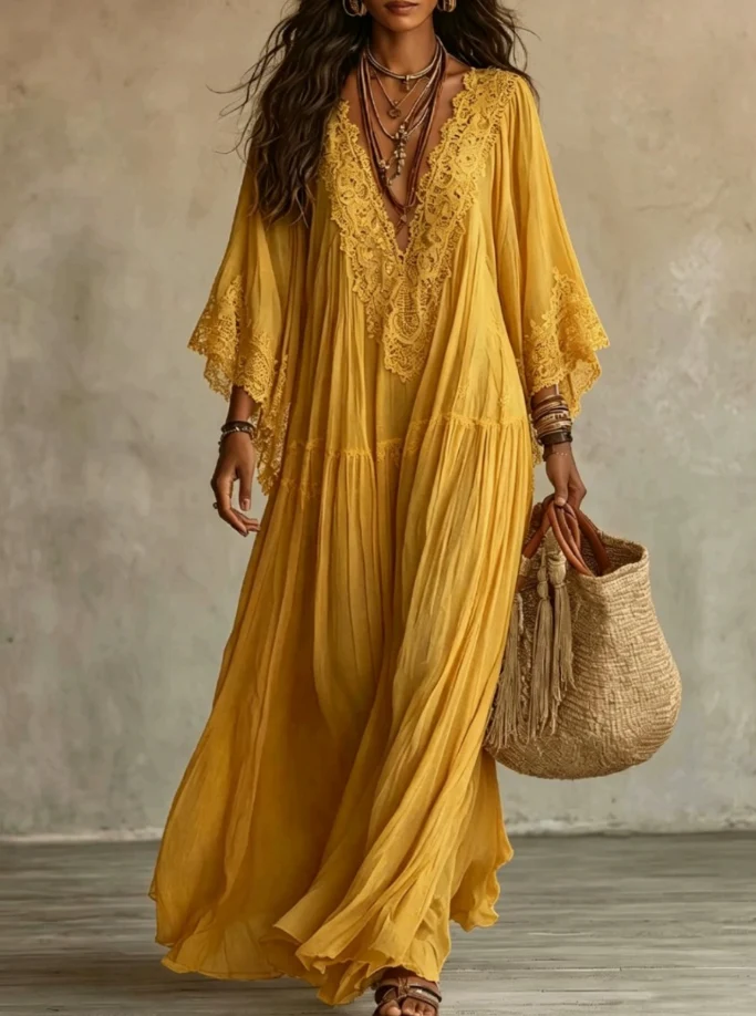 Ainura - Langes Kleid Aus Elfenbeinfarbenem Chiffon Und Spitze