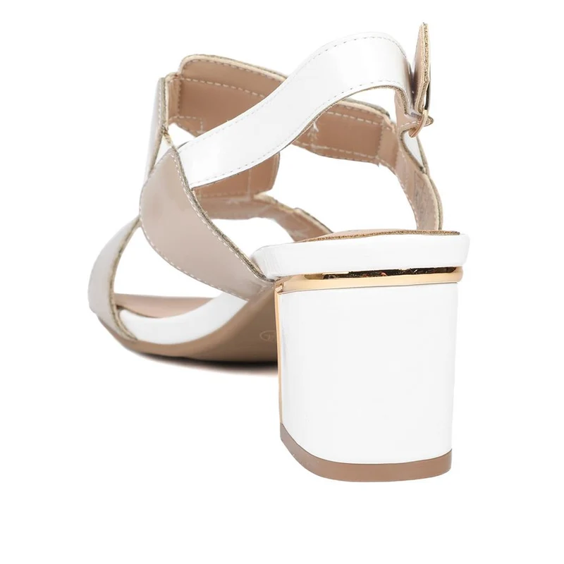 Block Heel Square Design Sandals - WK43007 / 329 114 - Beige Multi