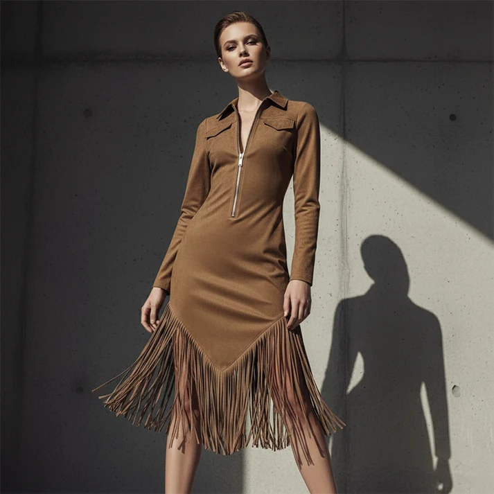 Alira – Midi-kleid MIT Kragen, Fransen Und Reißverschluss Vorne