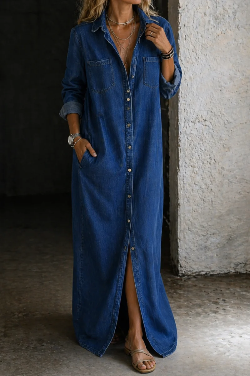 Noshina – Maxi-Kjole I Denim Med Knapper Foran