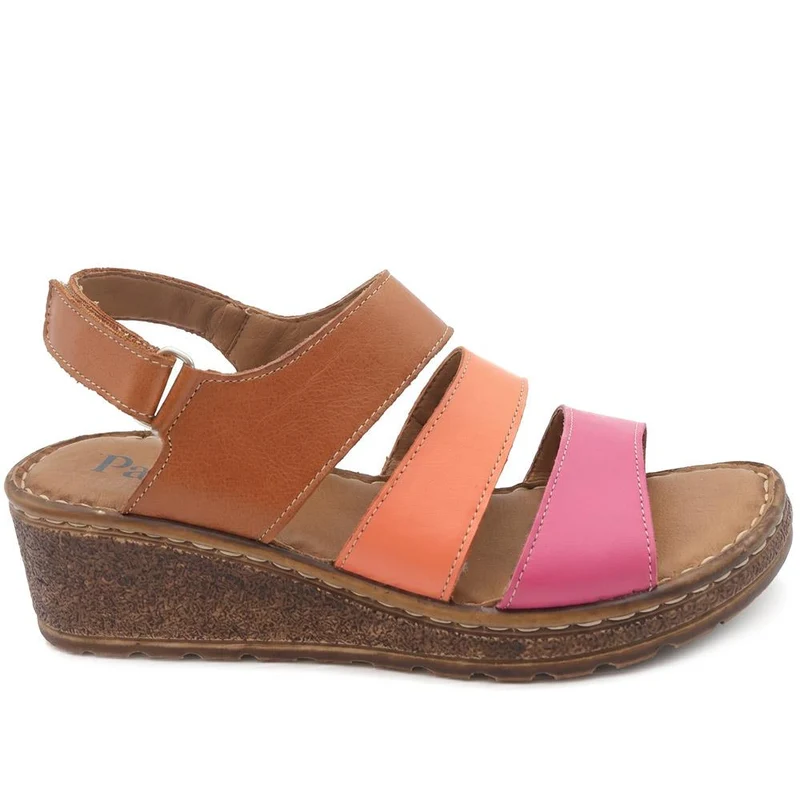 Cushioned Leather Wedge Heel Sandals - BOAY43000 / 329 206 - Tan Multi