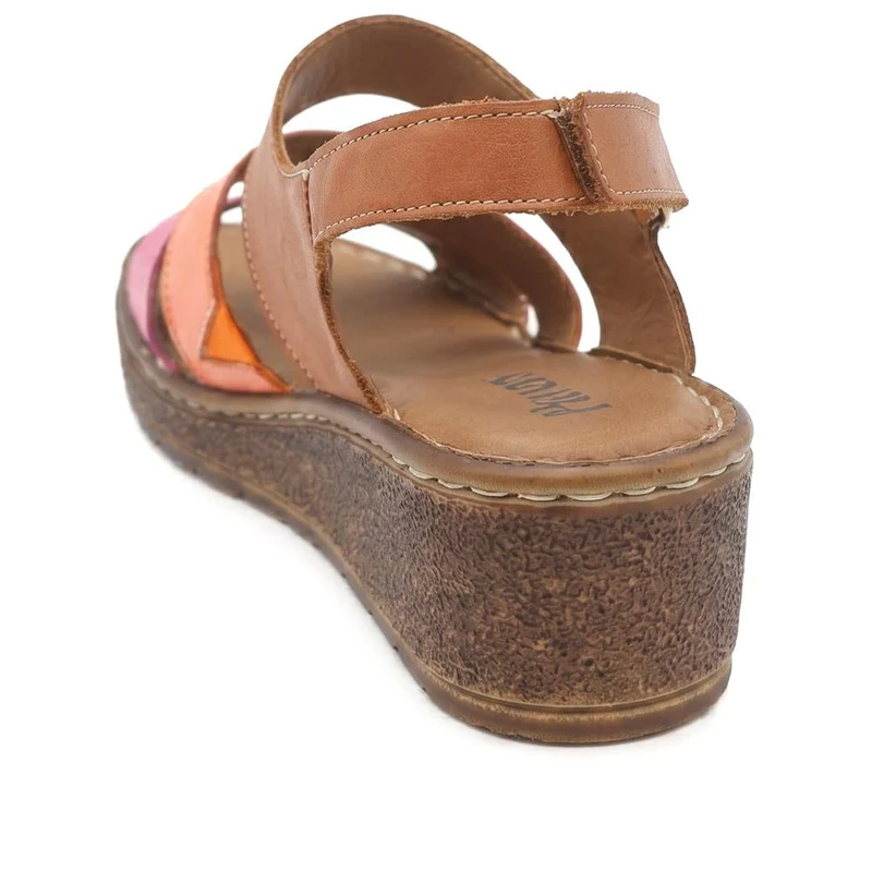 Cushioned Leather Wedge Heel Sandals - BOAY43000 / 329 206 - Tan Multi