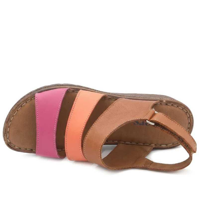 Cushioned Leather Wedge Heel Sandals - BOAY43000 / 329 206 - Tan Multi