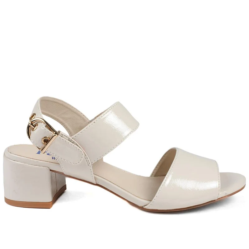 Wide Fit Smart Block Heel Buckle Fasten Sandals - WBINS43030 / 328 973 - Beige Patent