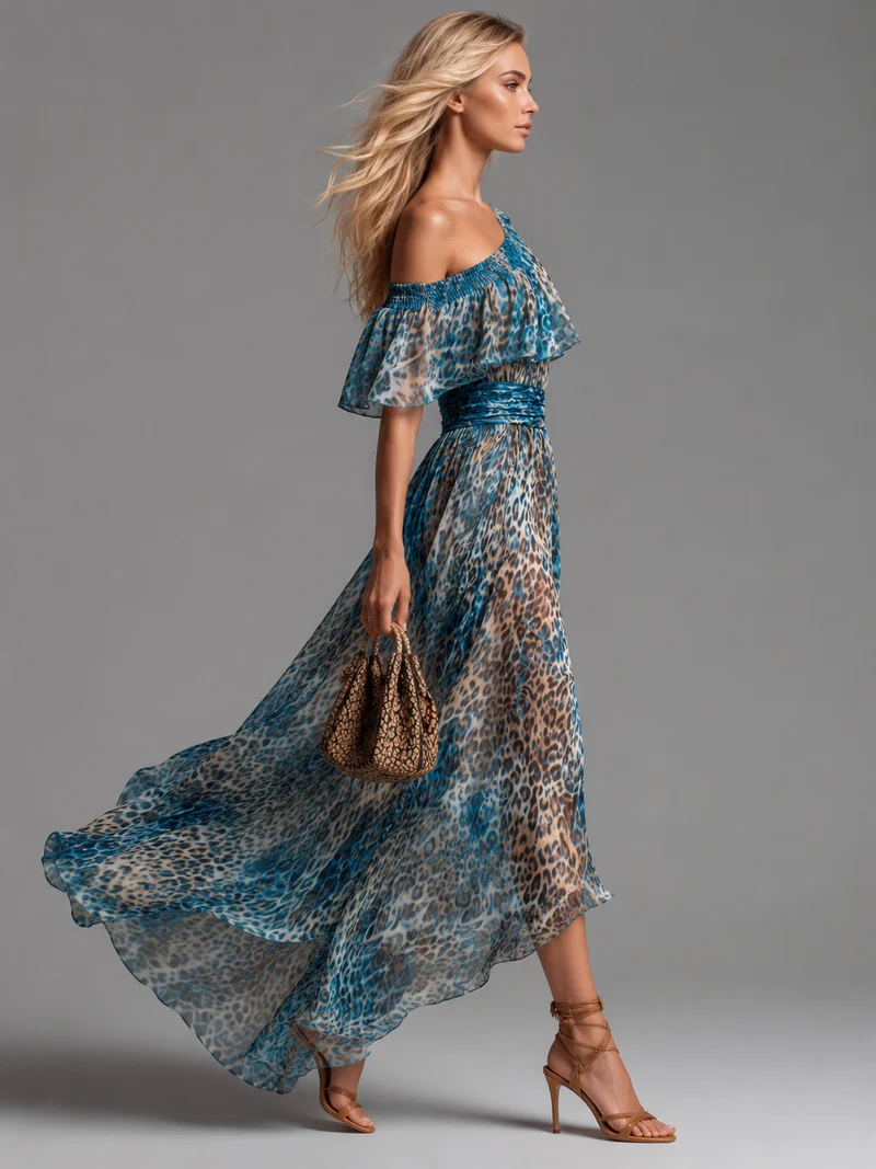 Siania – Chiffon-Kleid Mit Leopardenmuster Und Schulterfreiem Ausschnitt